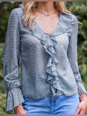 Cupshe Light Blue Blouson Sleeve Ruffled V-Neckline Swiss Dot Blouse